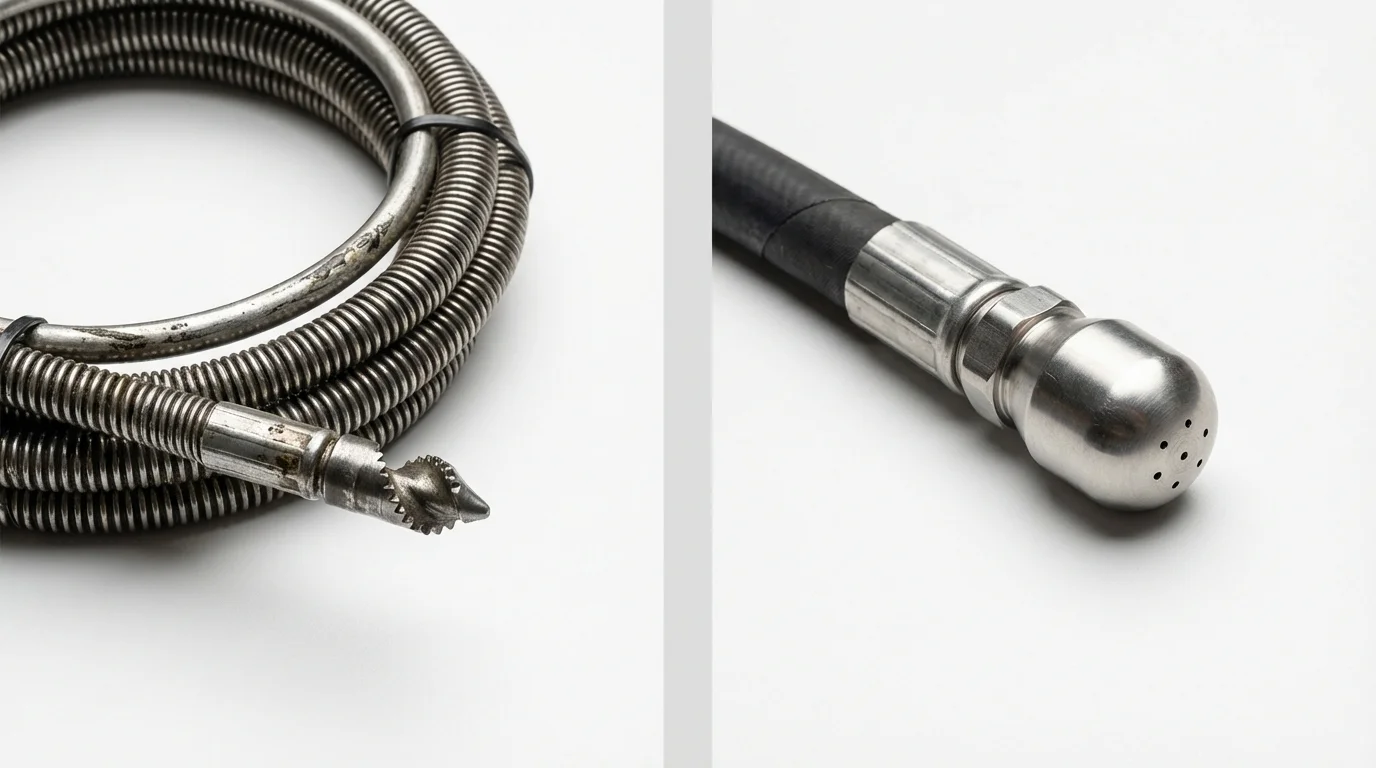 Drain snake cable and hydro jetting nozzle used for drain cleaning in Valmeyer, IL