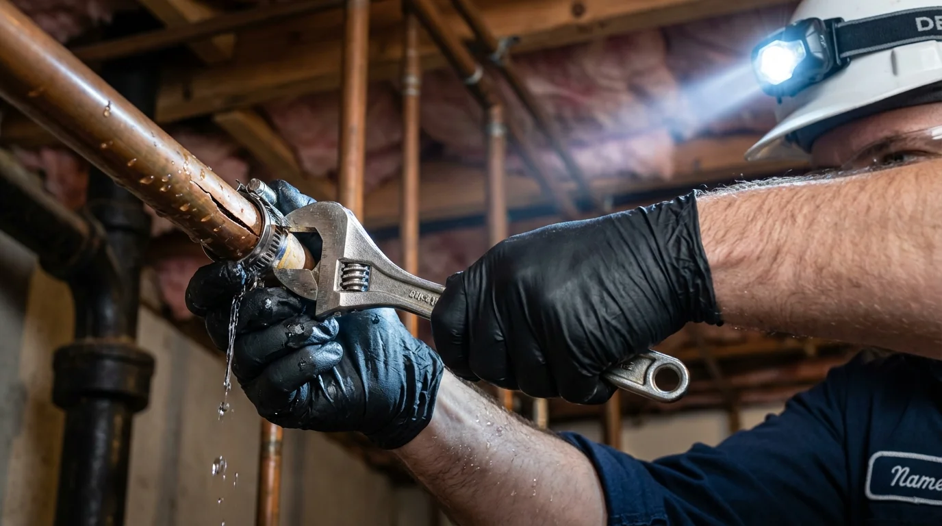 Emergency pipe clamp repair being performed by a Johns Plumbing LLC plumber in Valmeyer