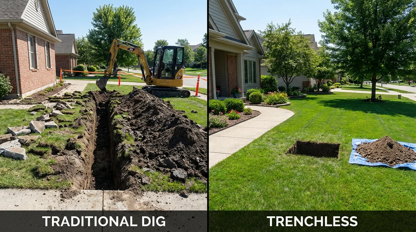 Trenchless sewer repair with minimal yard damage versus traditional excavation in Valmeyer, IL