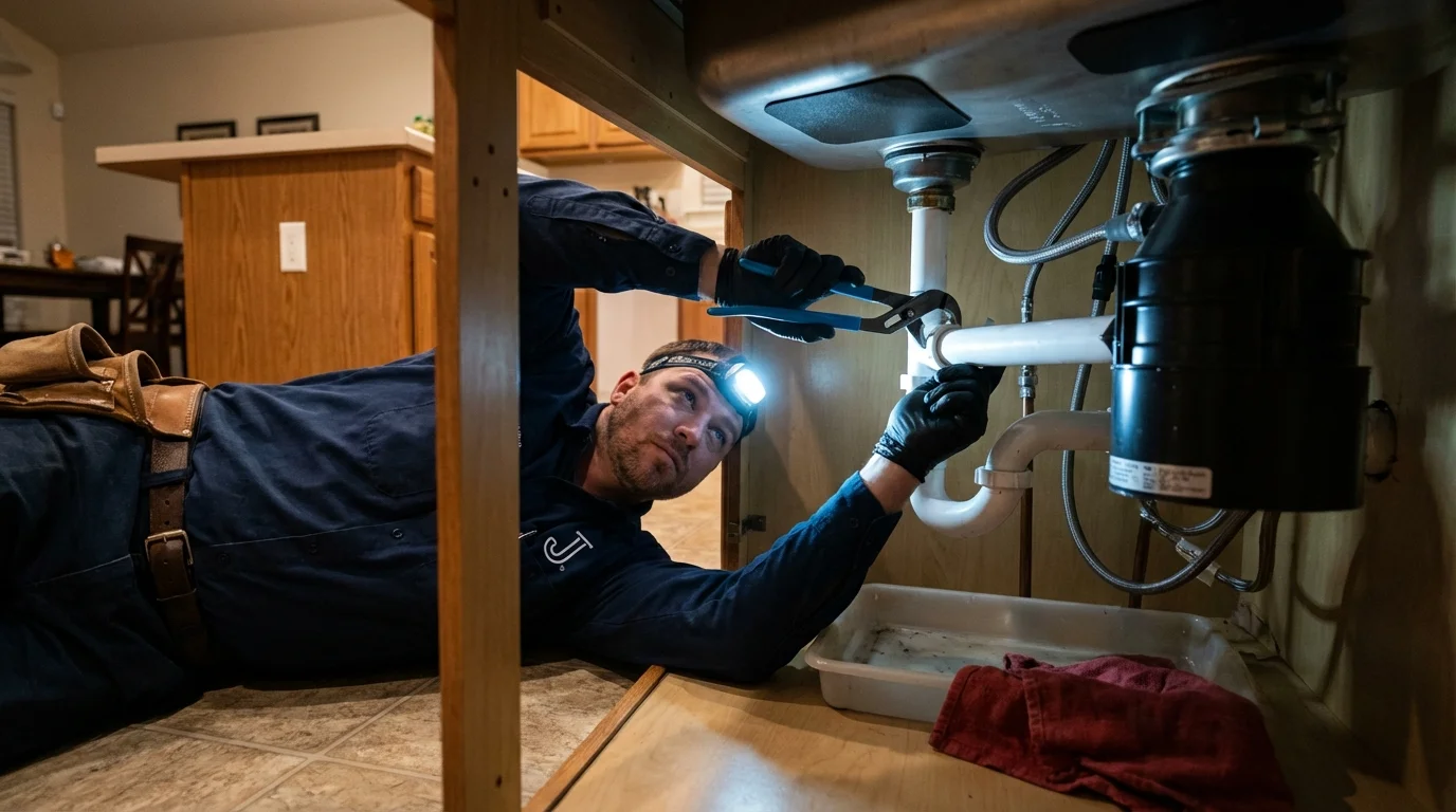 P-trap and supply line connections under a kitchen sink showing a common leak point in Valmeyer, IL